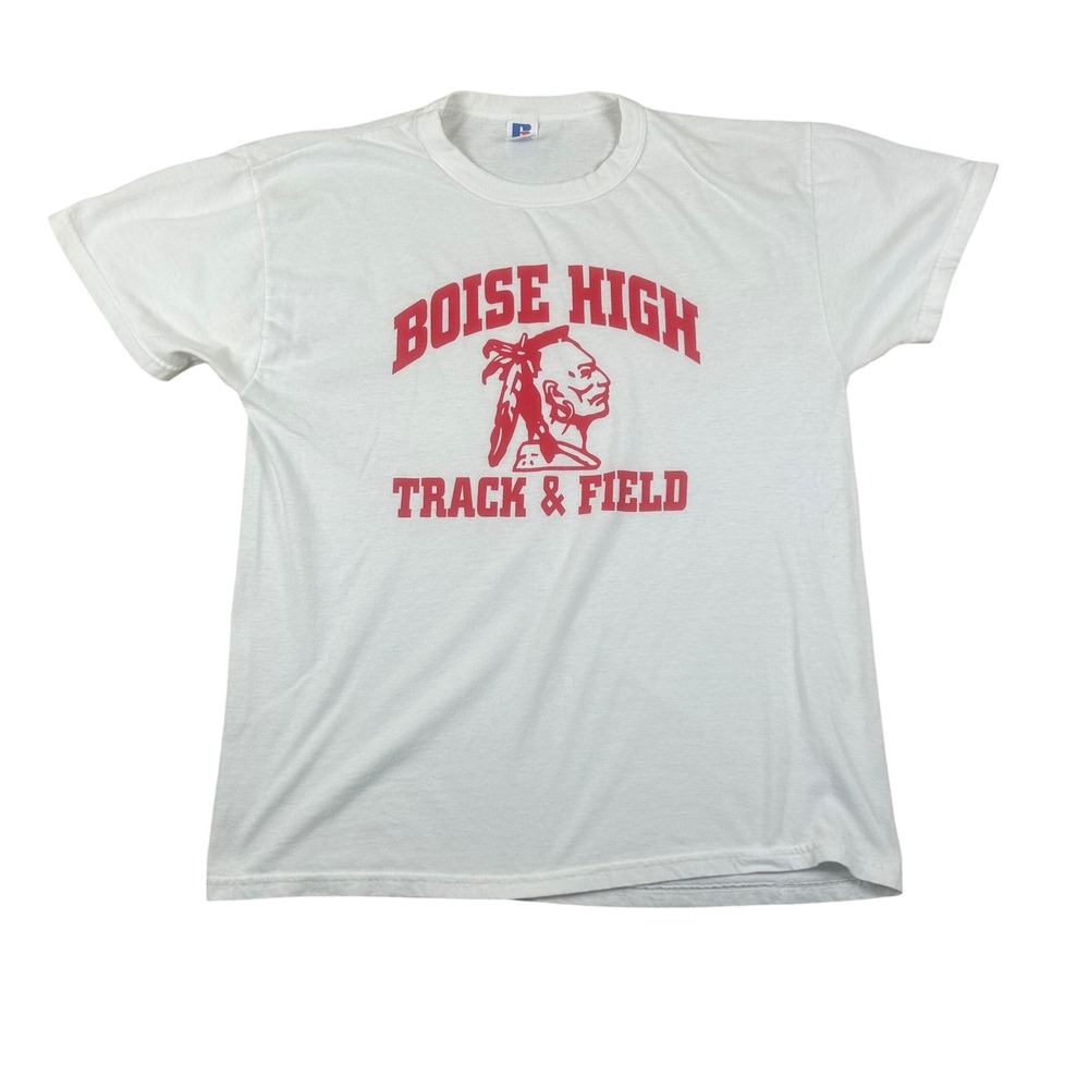Russell Athletic Boise High Track & Field Graphic T-Shirt Mens Medium White 90s